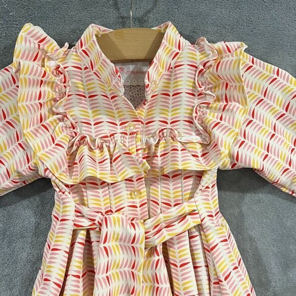 Christy & Fang Girls Dress Pink Yellow Retro Cottagecore Ruffle A-Line Sz Small - Picture 5 of 11